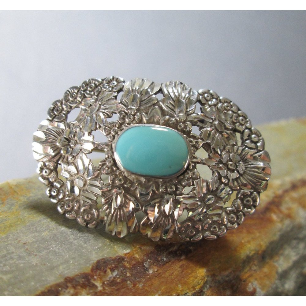Sterling Silver Brooch POSIES Oval Turquoise